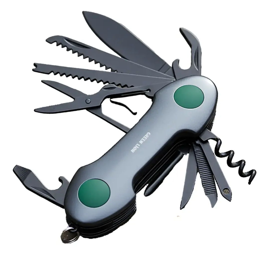 Green Lion 14-in-1 multi-tool key chain knife in silver and black.