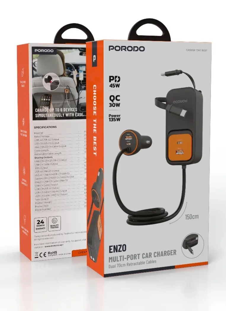 Porodo Enzo Multi-Port Car Charger, power output of 135W,