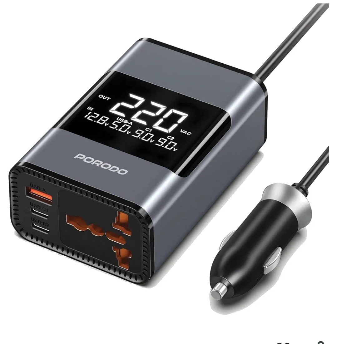 Porodo Universal AC Car Power Inverter (Model PDFWCH067) converts 12V DC car power to 220V